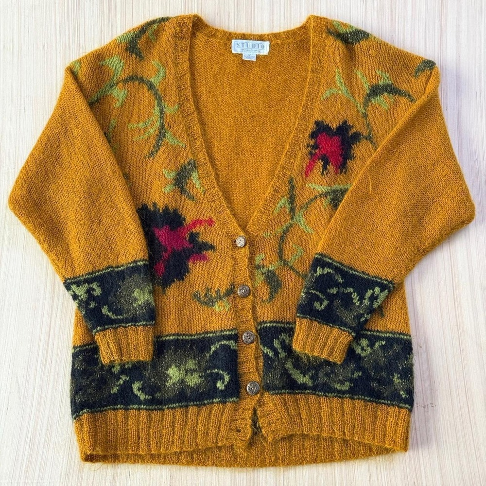 Studio Michelle Stuart Mohair Blend Floral Cardigan Mustard Yellow Vintage Large